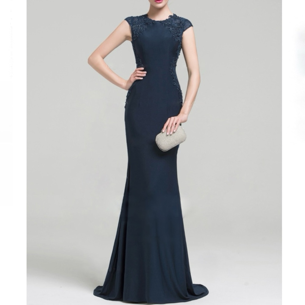 NWT Lace Embellished Beads Trumpet Mermaid Sweep Train Evening Dress Blue 4